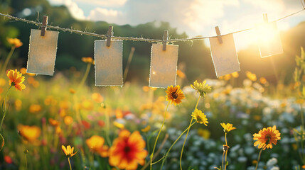 Wall Mural - Scrapbook frame hanging on a clothesline with clothespins, adding a decorative touch to the sunny meadow scene