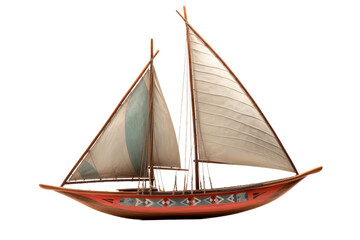 Detailed model of a traditional sailboat with two beige sails and a decorated red hull, perfect for maritime and nautical themes.