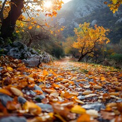 Sticker - Vibrant Autumn Leaves Carpeting a Serene Mountain Trail Inviting and Tranquil Contemplation