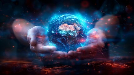 Wall Mural - Hands holding a glowing earth with network connections, representing global connectivity and technological advancement. Concept of digital world, innovation, and environmental stewardship.
