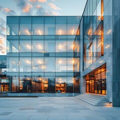 Wall Mural - Gleaming Corporate Office Building with Modernist Glass Facade Reflecting Vibrant Sunset Sky
