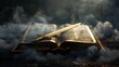 © Schmidt - open Holy Bible book with spirit sword on top with epic clouds and smoke. concept of God protection, on dark background for overlay