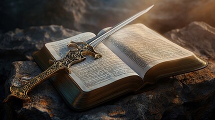 Wall Mural - open Holy Bible book with spirit sword on top with epic clouds and smoke, on dark background for overlay. concept of God protection