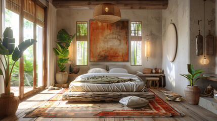 Wall Mural - Spacious and cozy room with minimalist furniture, warm lighting, and sleek modern design