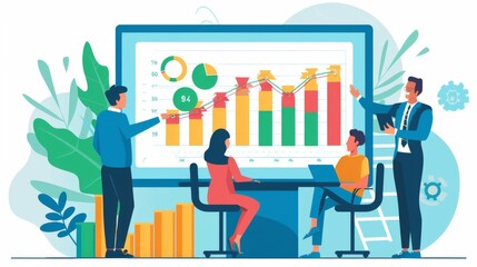 Poster - A financial consultant presenting a business graph to a group of investors, demonstrating growth potential and investment opportunities.