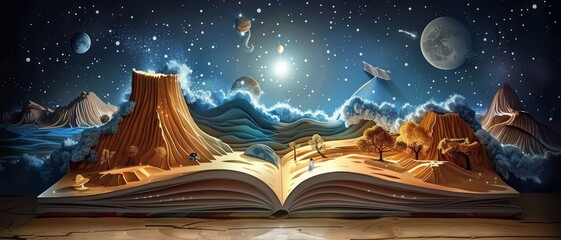 A book is open to a page with a scene of a beach and mountains