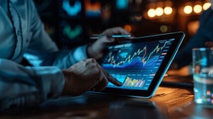 Aufkleber - A financial planner explaining stock market trends and investment options to clients, using a tablet to display interactive graphs and charts.