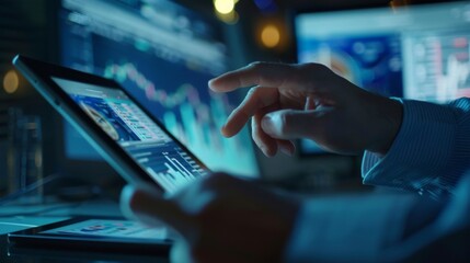 Poster - A financial planner explaining stock market trends and investment options to clients, using a tablet to display interactive graphs and charts.