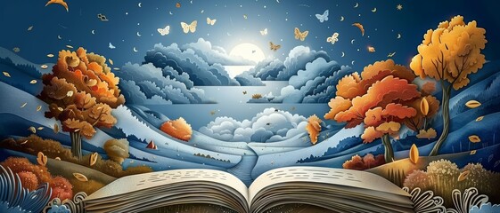 Wall Mural - A book is open to a page with a beautiful landscape of trees and mountains