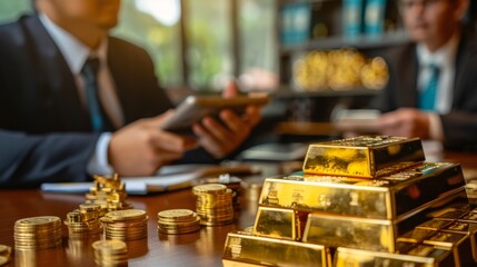 Fototapete - A group of economists discussing the role of gold bars in global financial markets, analyzing trends and forecasting future demand.