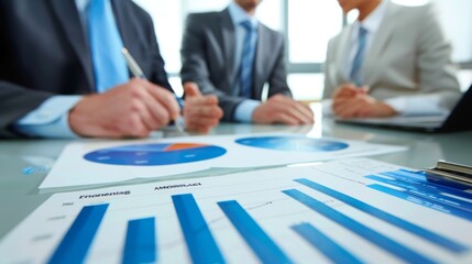 Poster - A group of executives discussing a business graph during a board meeting, brainstorming strategies for improving company performance.
