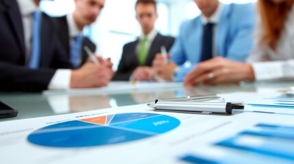 Poster - A group of executives discussing a business graph during a board meeting, brainstorming strategies for improving company performance.