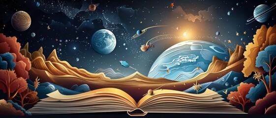 Wall Mural - A book is open to a page with a colorful illustration of a planet and a sun