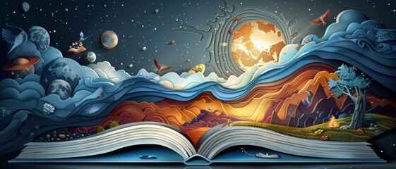 Wall Mural - A book is open to a page with a colorful illustration of a galaxy