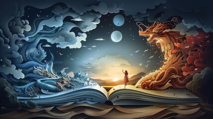 Wall Mural - A woman stands in front of a book that is open to a page with a dragon on it