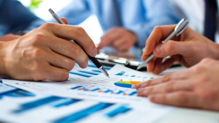 Poster - A group of executives discussing a business graph during a board meeting, brainstorming strategies for improving company performance.