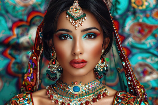 A woman adorned in traditional, colorful jewelry and clothing poses against a vibrant background.