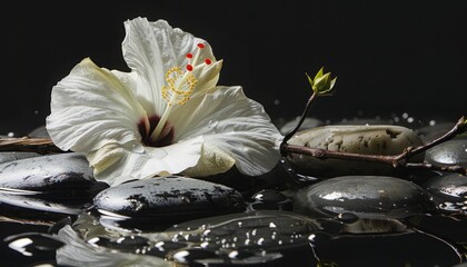 Serenity in the Details: A Close-Up of White Hibiscus, Passionflower, and Stones on a Black Backgrou