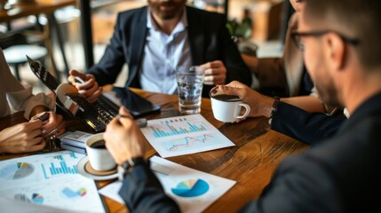 Poster - A group of investors discussing stock market graphs and investment strategies over coffee, brainstorming ideas for maximizing returns.