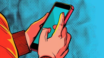 Hands holding a smartphone, texting or scrolling, in pop art comic style