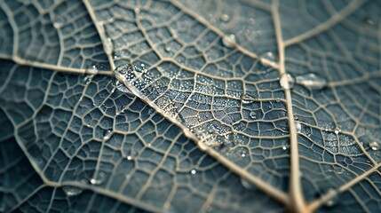 Wall Mural - detailed close-up of raindrop on intricate leaf skeleton, hd capture.
