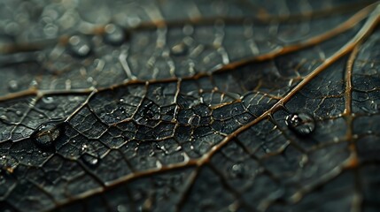 Wall Mural - detailed close-up of raindrop on intricate leaf skeleton, hd capture.