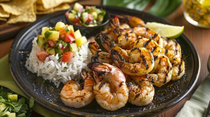 Sticker - A plate of Caribbean-style grilled shrimp served with pineapple salsa, coconut rice, and plantain chips, on a tropical-themed platter.