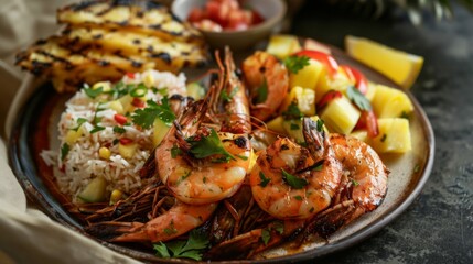 Sticker - A plate of Caribbean-style grilled shrimp served with pineapple salsa, coconut rice, and plantain chips, on a tropical-themed platter.