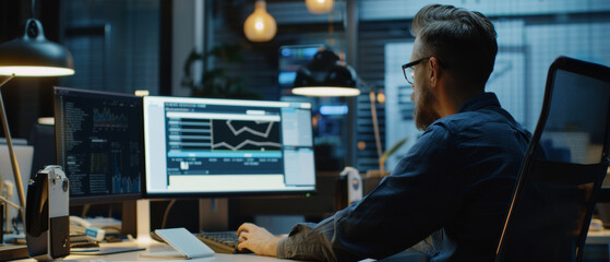 Wall Mural - man analyzing data late at night in a dark office, immersed in his work.