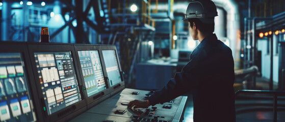 Wall Mural - Engineer operates control panel in an industrial facility at night.