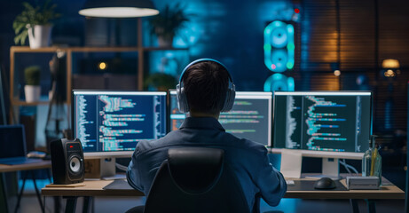 Wall Mural - A man wearing headphones sits at a desk in a dimly lit room, working late on his computer. He has two monitors open with lines of code displayed on each. He is intently focused on his task, likely