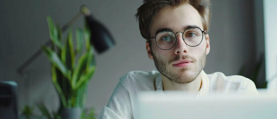 Wall Mural - focused young man with glasses working intently behind a computer screen.