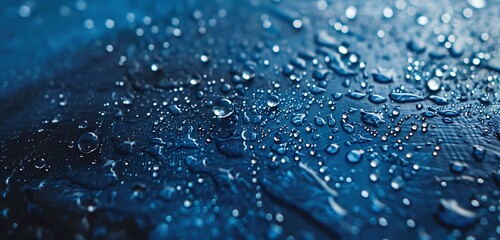 Wall Mural - detailed image of shimmering water droplets on deep blue canvas.