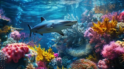 Wall Mural - A shark swimming through a colorful coral reef ecosystem, illustrating the intricate balance of life in tropical ocean habitats.