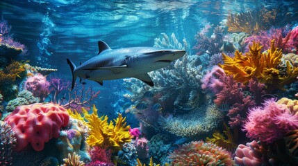 Poster - A shark swimming through a colorful coral reef ecosystem, illustrating the intricate balance of life in tropical ocean habitats.