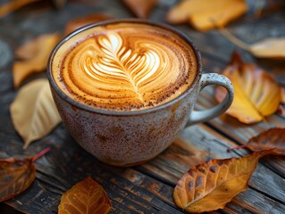 Sticker - Cozy Autumn Latte with Heart Shaped Art on Rustic Table