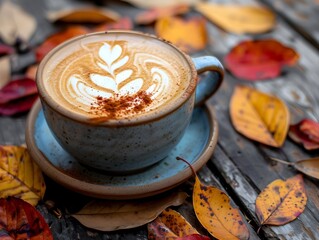 Wall Mural - Cozy Autumn Latte with Heart Shaped Foam Art on Rustic Wooden Table