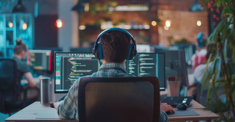 A man is working on a project late at night in a dimly lit office. He is wearing headphones and focused on his computer screen, which displays lines of code. He appears to be working diligently on a