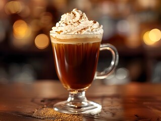 Poster - Cozy Irish Coffee Drink with Whipped Cream and Nutmeg on Wooden Bar Setting Festive and Soothing Winter Beverage Concept