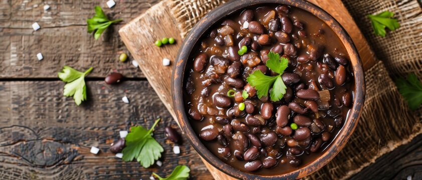 a bowl of black beans with herbs on a wooden table.