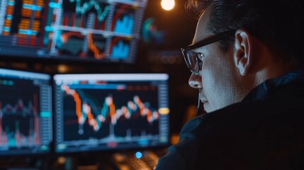 Aufkleber - A trader monitoring stock market graphs on a computer screen, analyzing price movements and trading volumes for profitable opportunities.