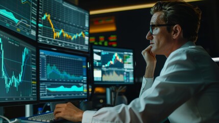 Aufkleber - A trader analyzing stock market graphs and charts on a desktop computer, monitoring market trends and making trading decisions in real-time.