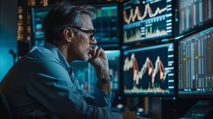 Aufkleber - A trader monitoring stock market graphs on a computer screen, analyzing price movements and trading volumes for profitable opportunities.