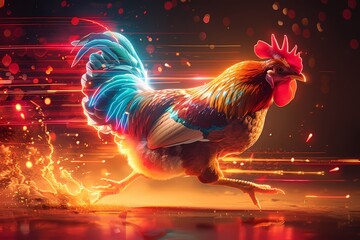 Wall Mural - illustration of a running chicken with a neon effect