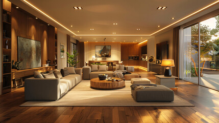 Sticker - Cozy residential lounge with modern furniture, wooden floor, and elegant decor