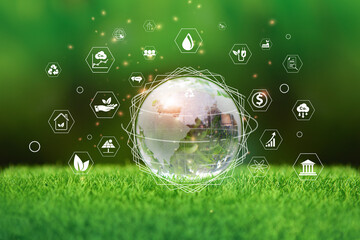 Wall Mural - glass globe in green forest with the icon environment of esg, co2, circular company, and net zero. t