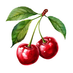 Vibrant red cherries with green leaves on a bright background