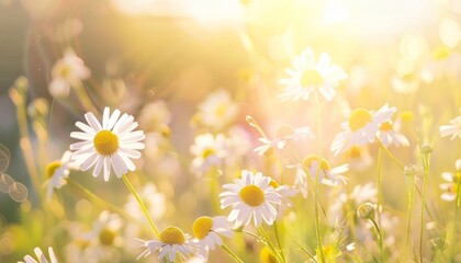 Wall Mural - Blooming Chamomile Meadow: A Stunning Summer Scene of Medicinal Flowers in Sunlight