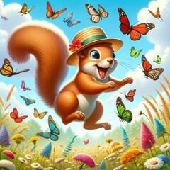 A cartoon squirrel wearing a straw hat is surrounded by a field of butterflies