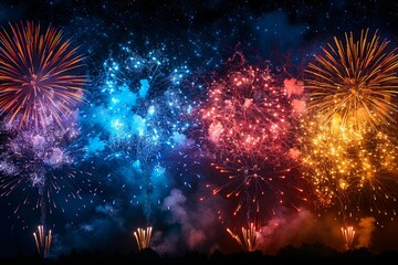 A dazzling fireworks display with vibrant multi-colored explosions against a night sky backdrop